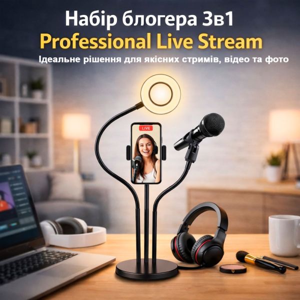 Набор блогера 3в1 Professional Live Stream гибкий штатив с Led кольцом