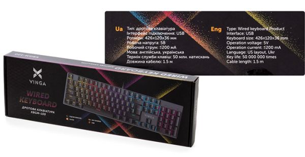 Клавиатура проводная Vinga KBGM-100 LED Blue Switch USB Black