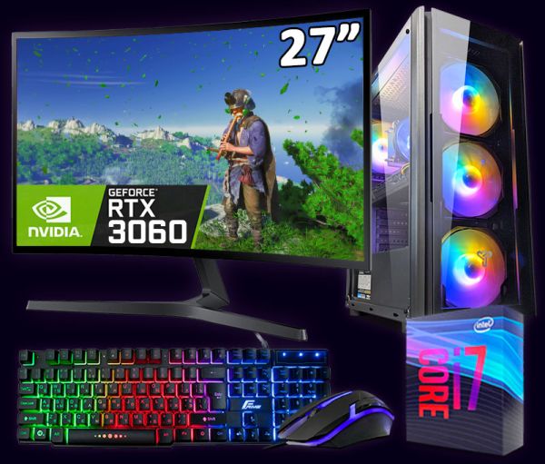 АКЦИЯ! Ультра Мощный Игровой ПК RGB+Монитор 27" Intel i7 9700 + RTX 3060 + 16GB + SSD M.2 Windows 11 +Клавиатура +Мышка(ZEVS PC10985U)