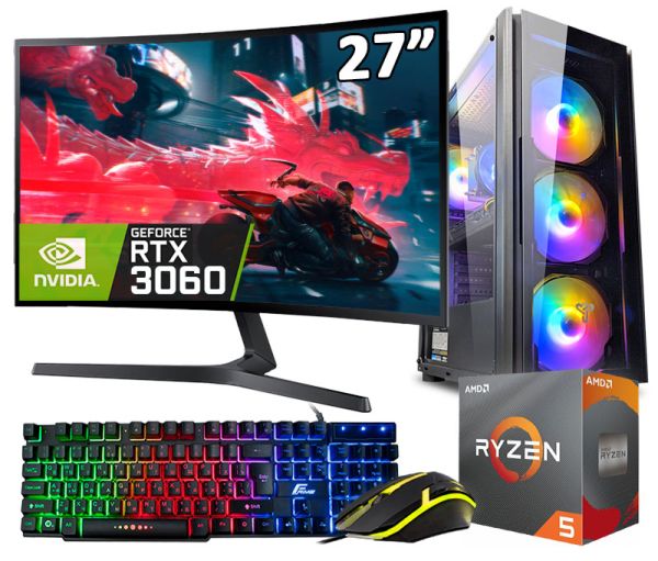 Игровой компьютер + Монитор 27" RYZEN 5 6 ядер + RTX 3060 +16GB DDR4+SSD M.2 +Клавиатура +Мышка(ZEVS PC13580U)