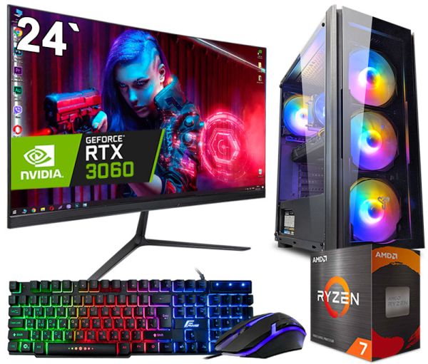 Игровой компьютер + Монитор 24" RYZEN 7 16 потоков + RTX 3060 12GB + 16GB + SSD M.2+Клавиатура +Мышка(ZEVS PC14150PRO)